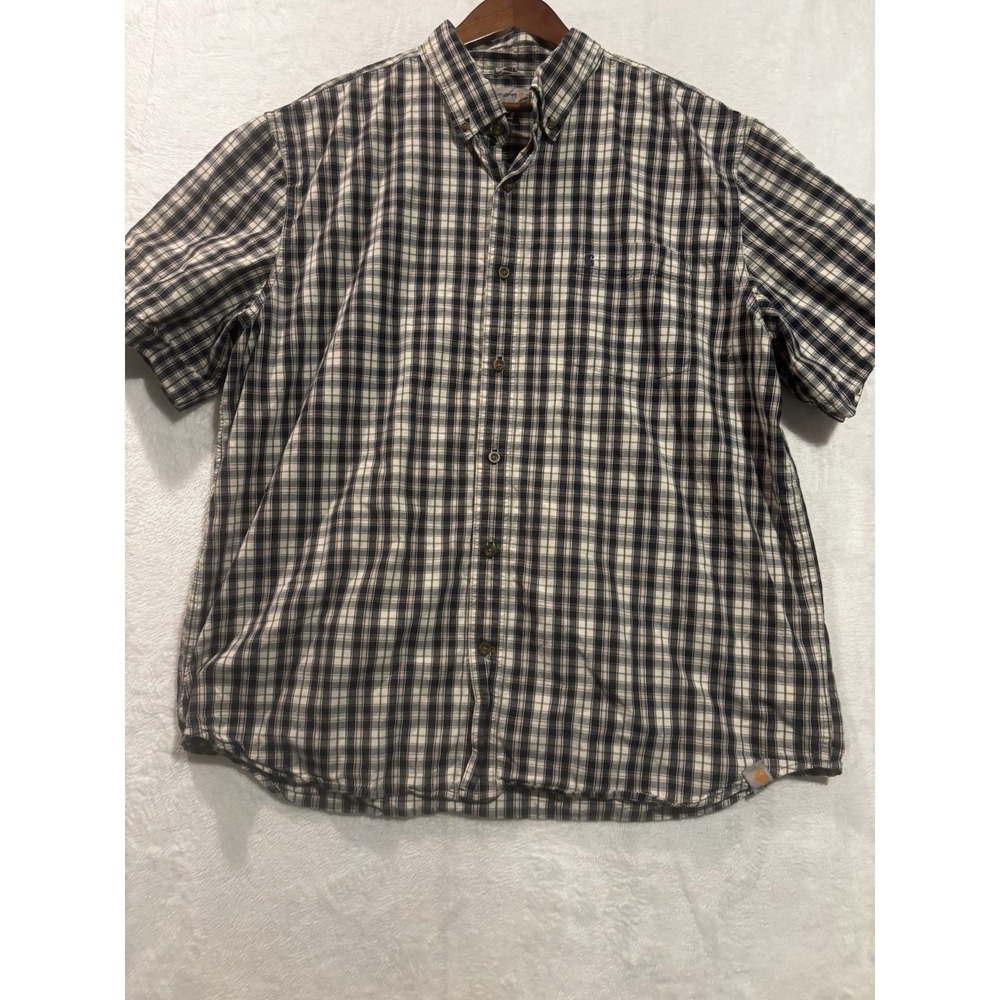 Carhartt Shirt Mens 2XL Brown Plaid Short Sleeve Button Up Work Wear Shirt